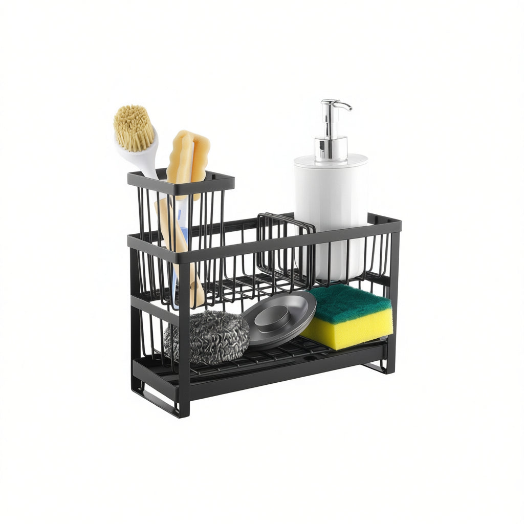 Two-tier sink caddy organiser with sponge and brush holder