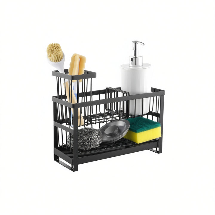 Two-tier sink caddy organiser with sponge and brush holder