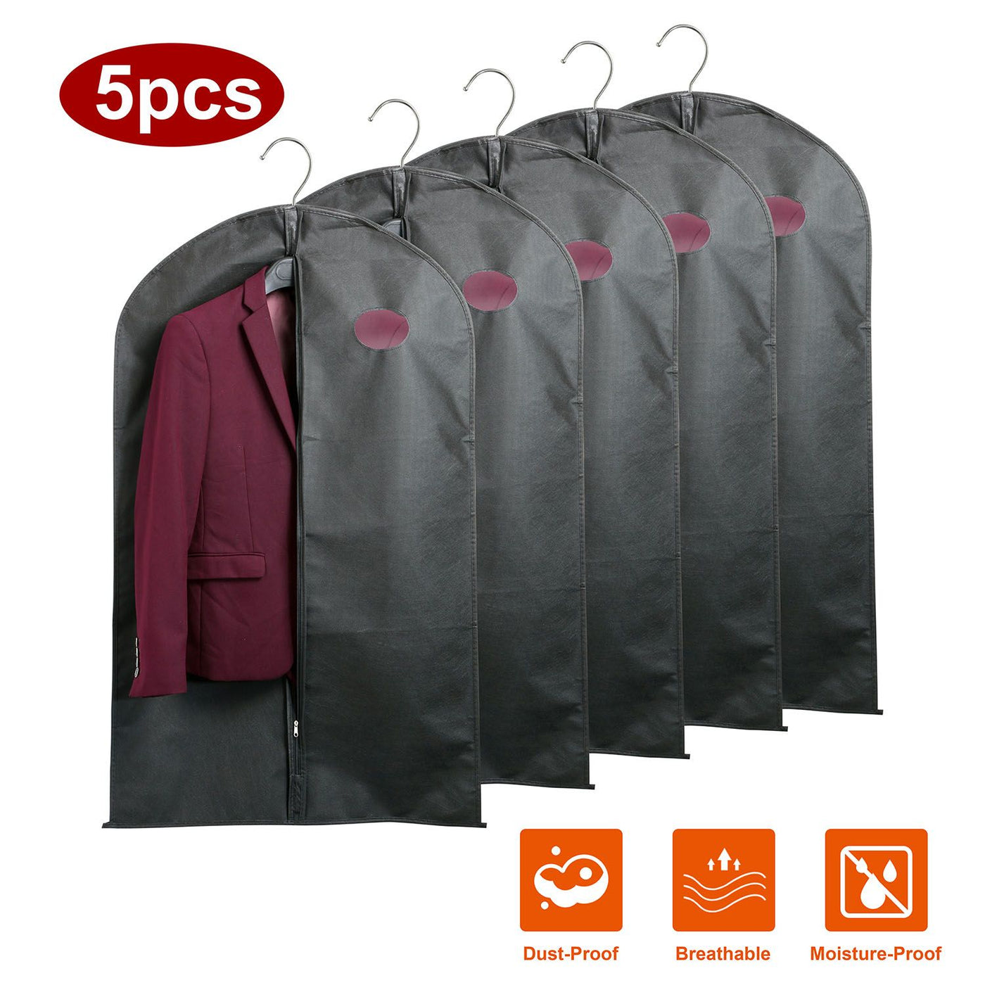 Five hanging garment bags with clear windows
