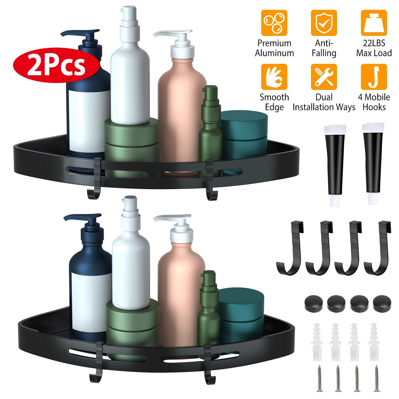 Two adhesive corner shower caddy shelves with hooks