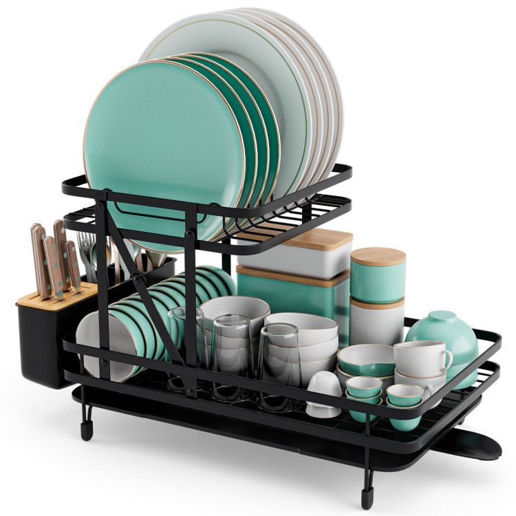 Two-tier collapsible dish rack with removable drip tray
