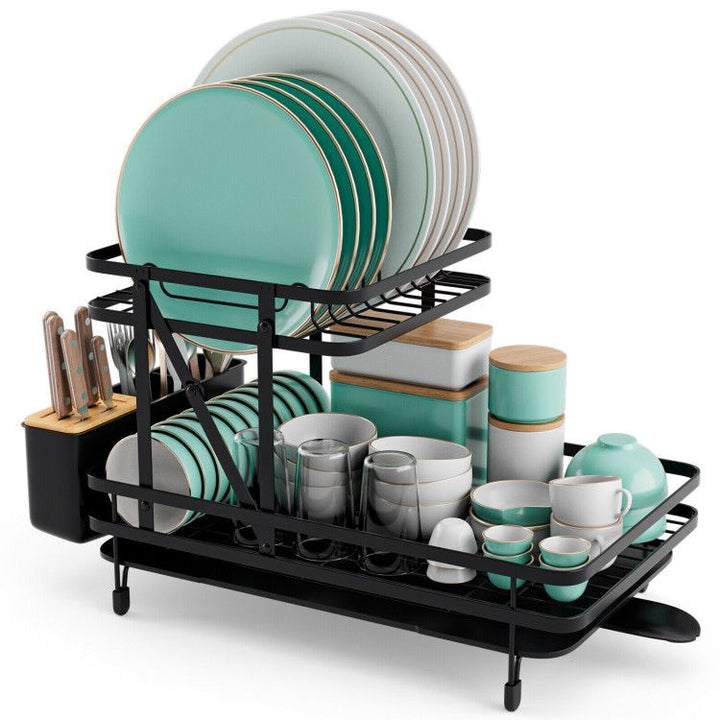 Two-tier collapsible dish rack with removable drip tray
