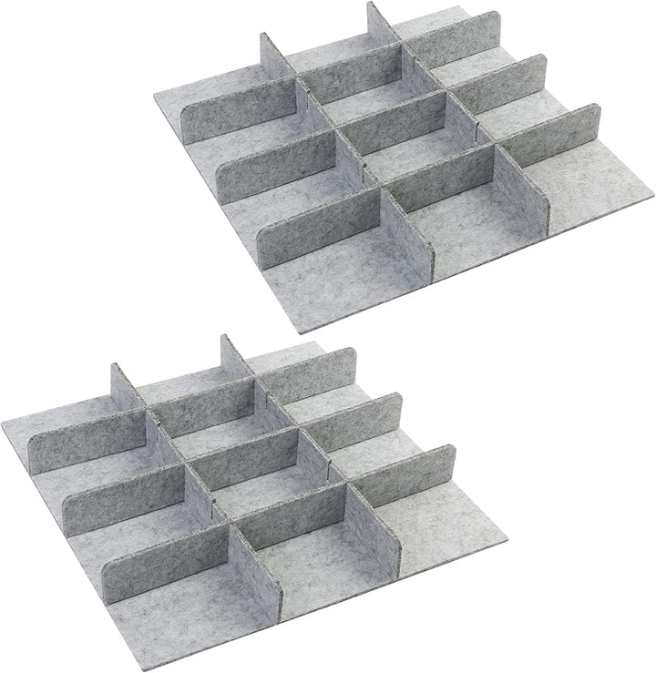 Two sets of adjustable grey felt drawer dividers