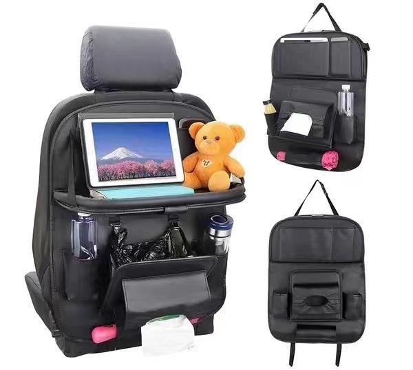 Black PU leather back seat organiser with fold down tray