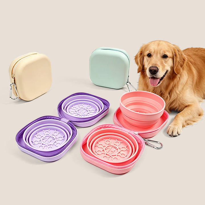 Collapsible travel pet bowls with zip cases and carabiners