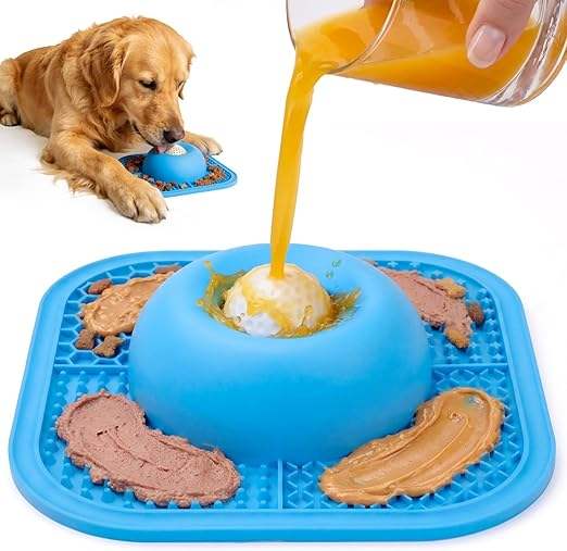 Blue silicone slow feeder bowl and lick mat being filled