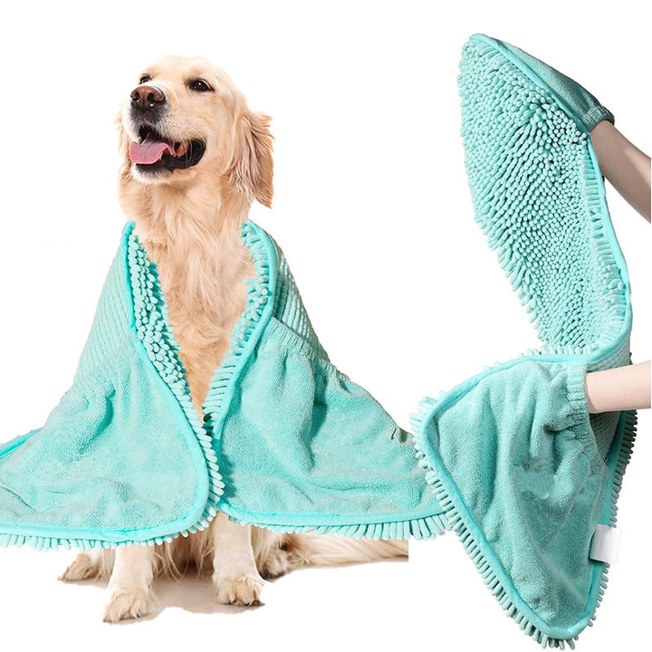 Dog being dried with teal chenille microfibre towel
