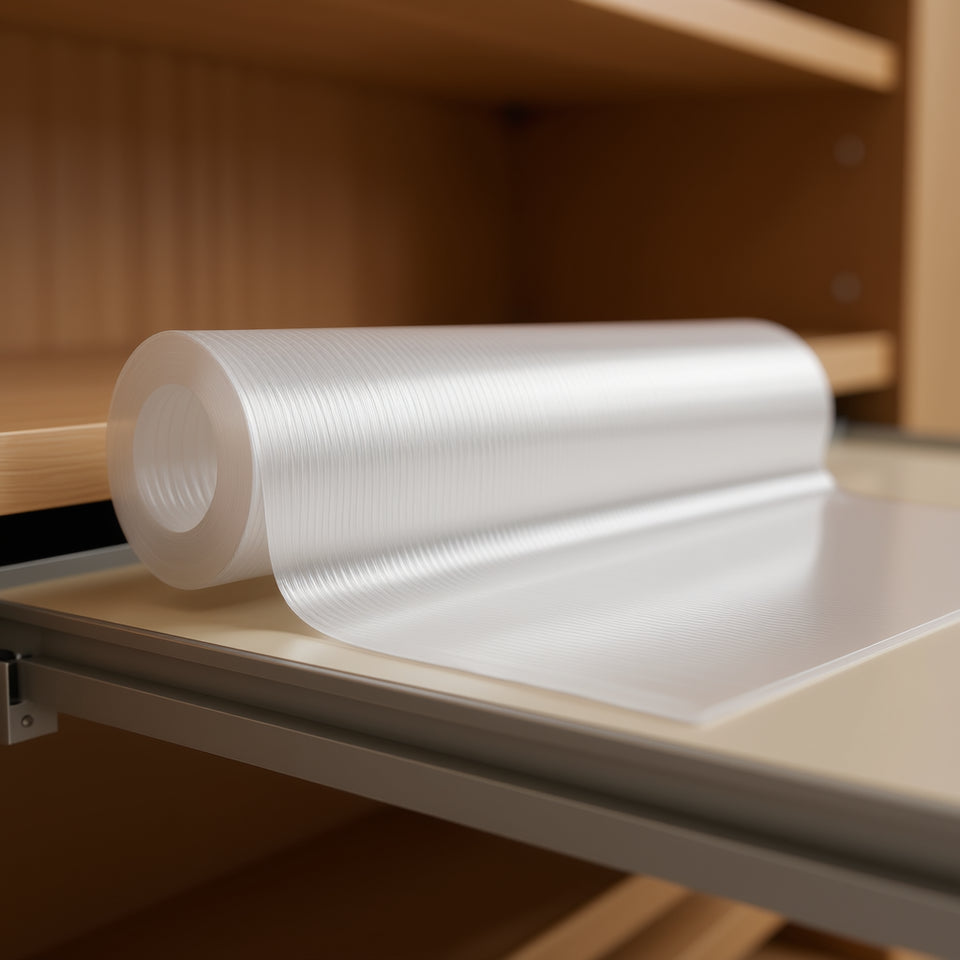 Clear shelf liner roll being unrolled across a kitchen drawer