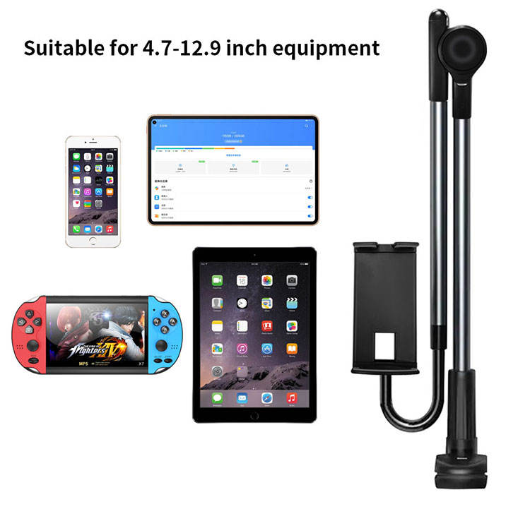 Gooseneck holder shown with compatible phone and tablet sizes