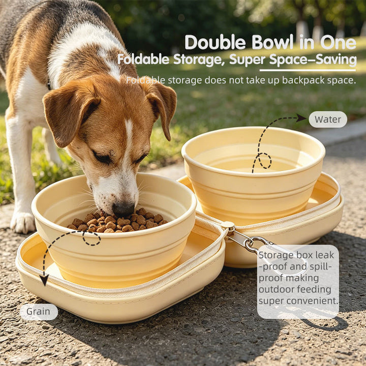 Dog drinking from collapsible travel bowl set outdoors