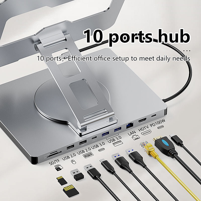 Close-up of the 10 ports on the USB-C hub stand