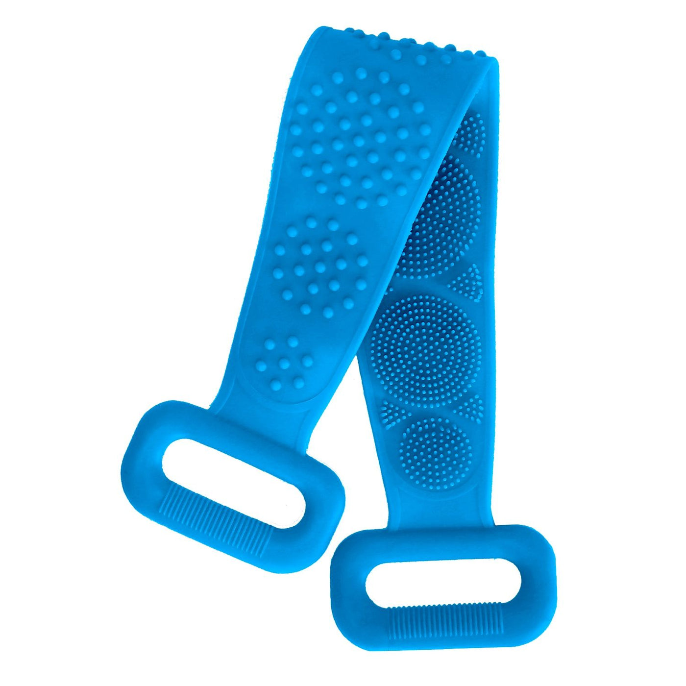 Blue silicone back scrubber belt with handles at each end