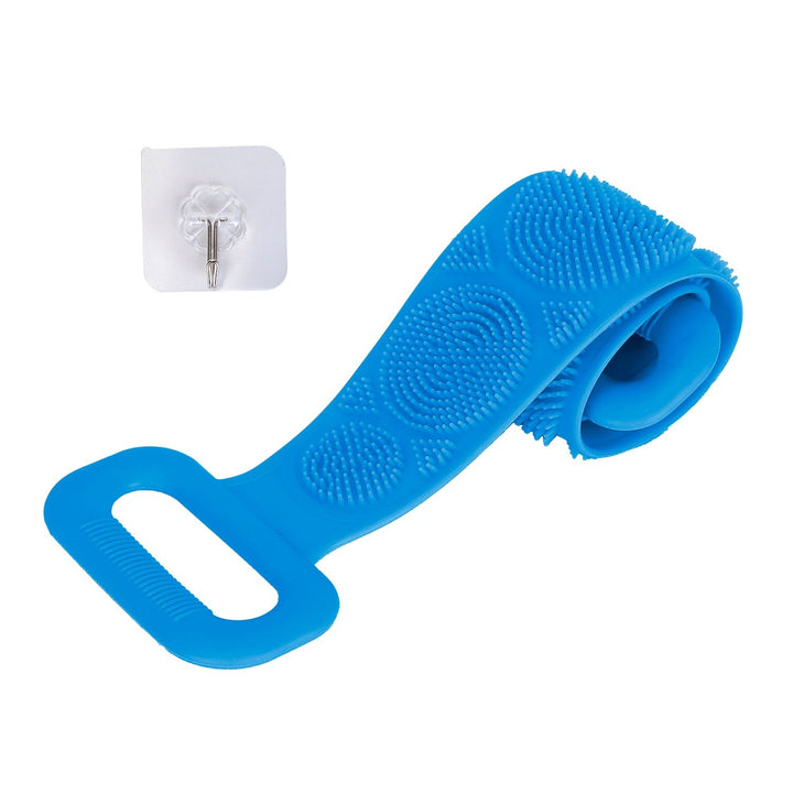 Rolled blue silicone back scrubber belt showing textured side