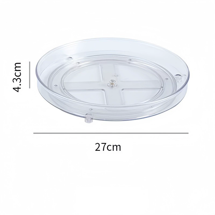 Clear 27cm rotating pantry turntable organiser shown with dimensions