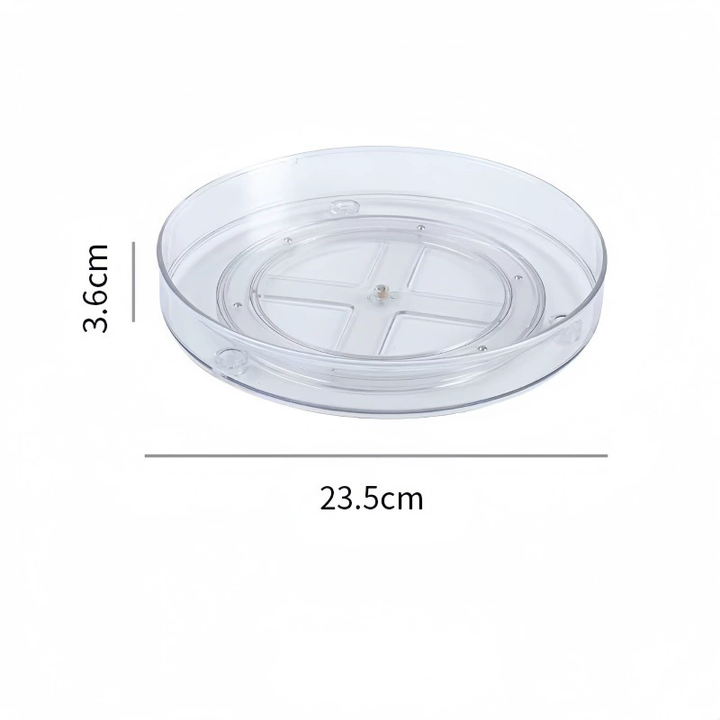Clear rotating turntable organiser with raised rim, side view