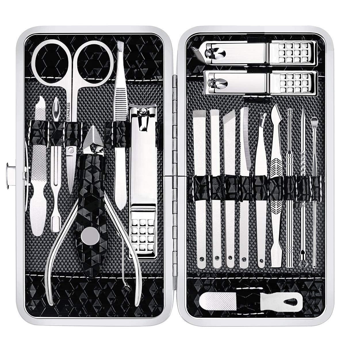 18-piece stainless steel manicure and grooming kit in a black zip case
