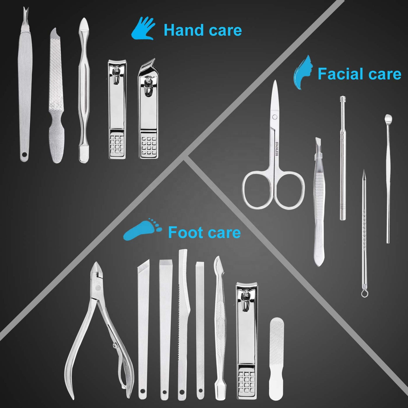 Manicure kit tools laid out for hand, facial and foot care