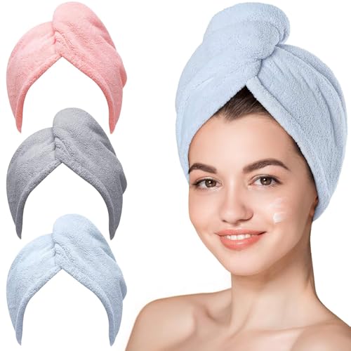 Microfibre hair turbans with button fastening in pink, grey and blue